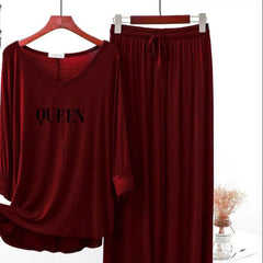 Maroon  Printed V-Neck Palazzo Lounge Wear For Women PJ Set