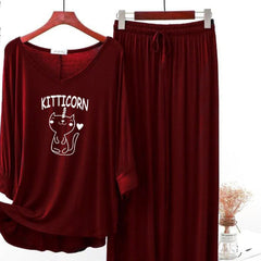 Maroon  Printed V-Neck Palazzo Lounge Wear For Women PJ Set