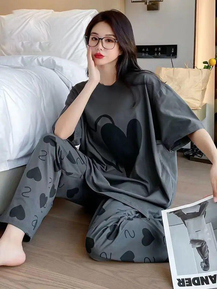 DARK GREY HEART DESIGN NIGHT DRESS IN COTTON FABRIC