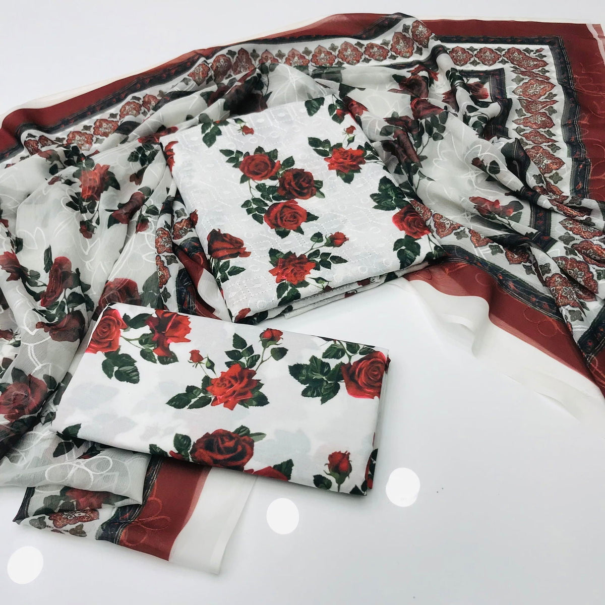 3 Pieces Unstitched Indian Chiffon Digital Printed Shifflie Work Dupatta With Digital Printed Lawn Shirt & Trouser