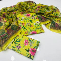 3 Pieces Unstitched Indian Chiffon Digital Printed Shifflie Work Dupatta With Digital Printed Lawn Shirt & Trouser