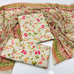 3 Pieces Unstitched Indian Chiffon Digital Printed Shifflie Work Dupatta With Digital Printed Lawn Shirt & Trouser